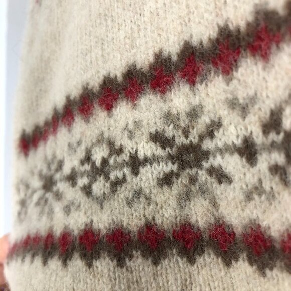 EDDIE BAUER Vintage Lambswool Cream Brown Red Fair Isle Zipper Knit Cardigan SzS - Picture 8 of 12